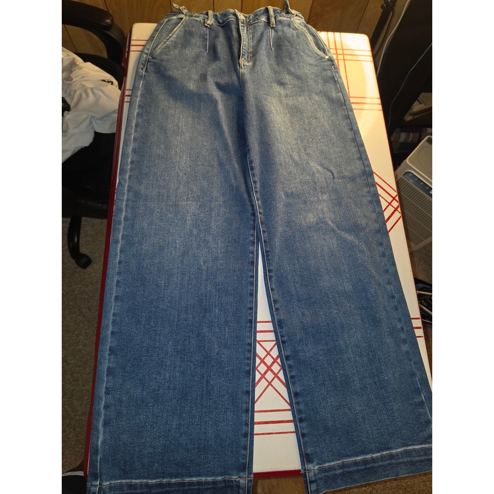 Risen Jeans Women Medium Wash High Waist Pleated Wide Leg Denim Size 7/28